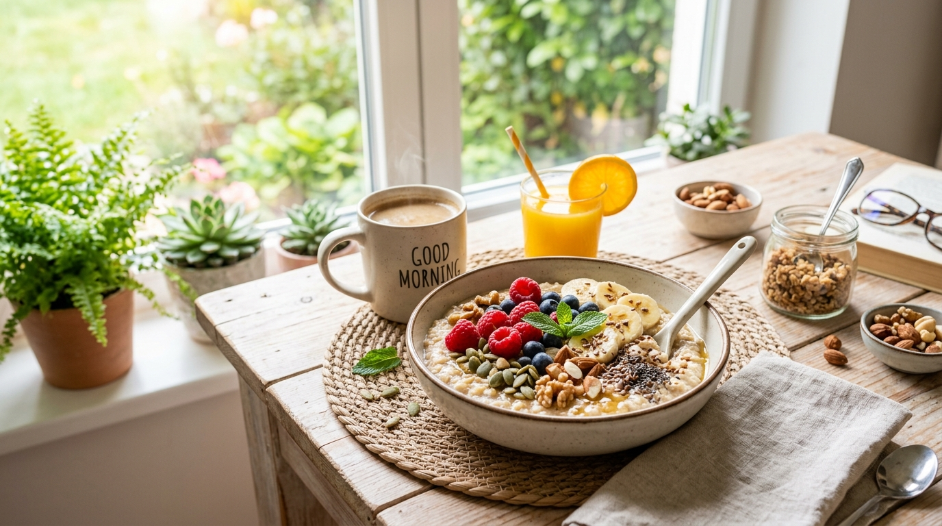 healthy morning breakfast with oatmeal, fresh fruits, nuts, natural lighting, vibrant colors, energetic atmosphere