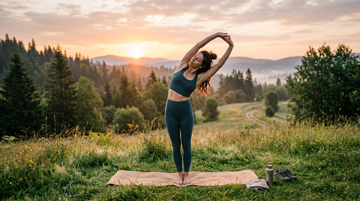 person doing morning yoga stretches outdoors, sunrise light, peaceful natural setting, healthy lifestyle concept